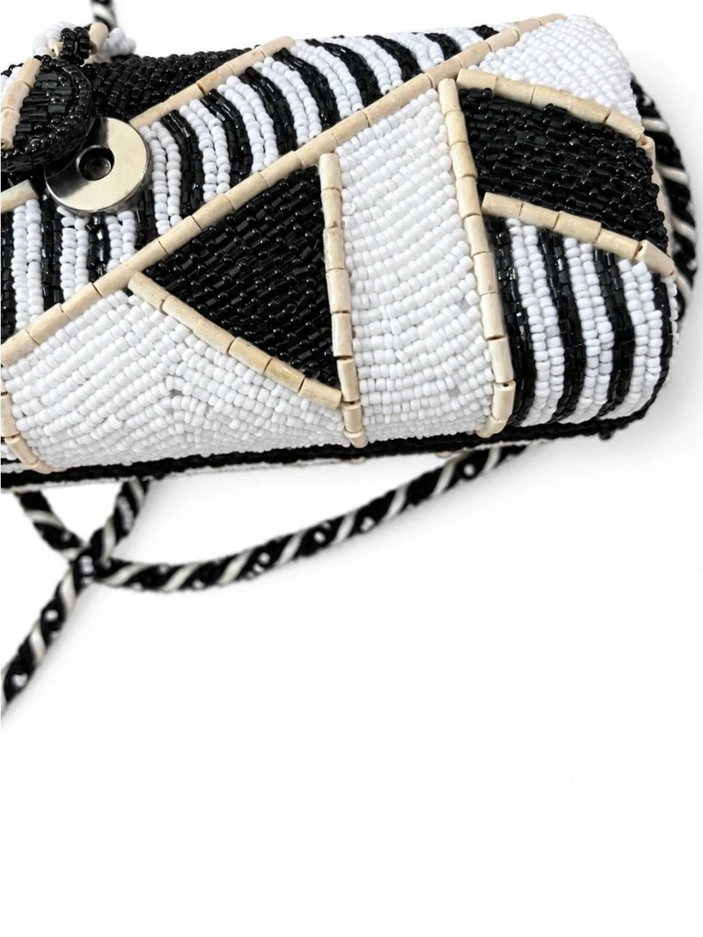 Mary Frances Black & White Geometric Beaded Crossbody Clutch Bag